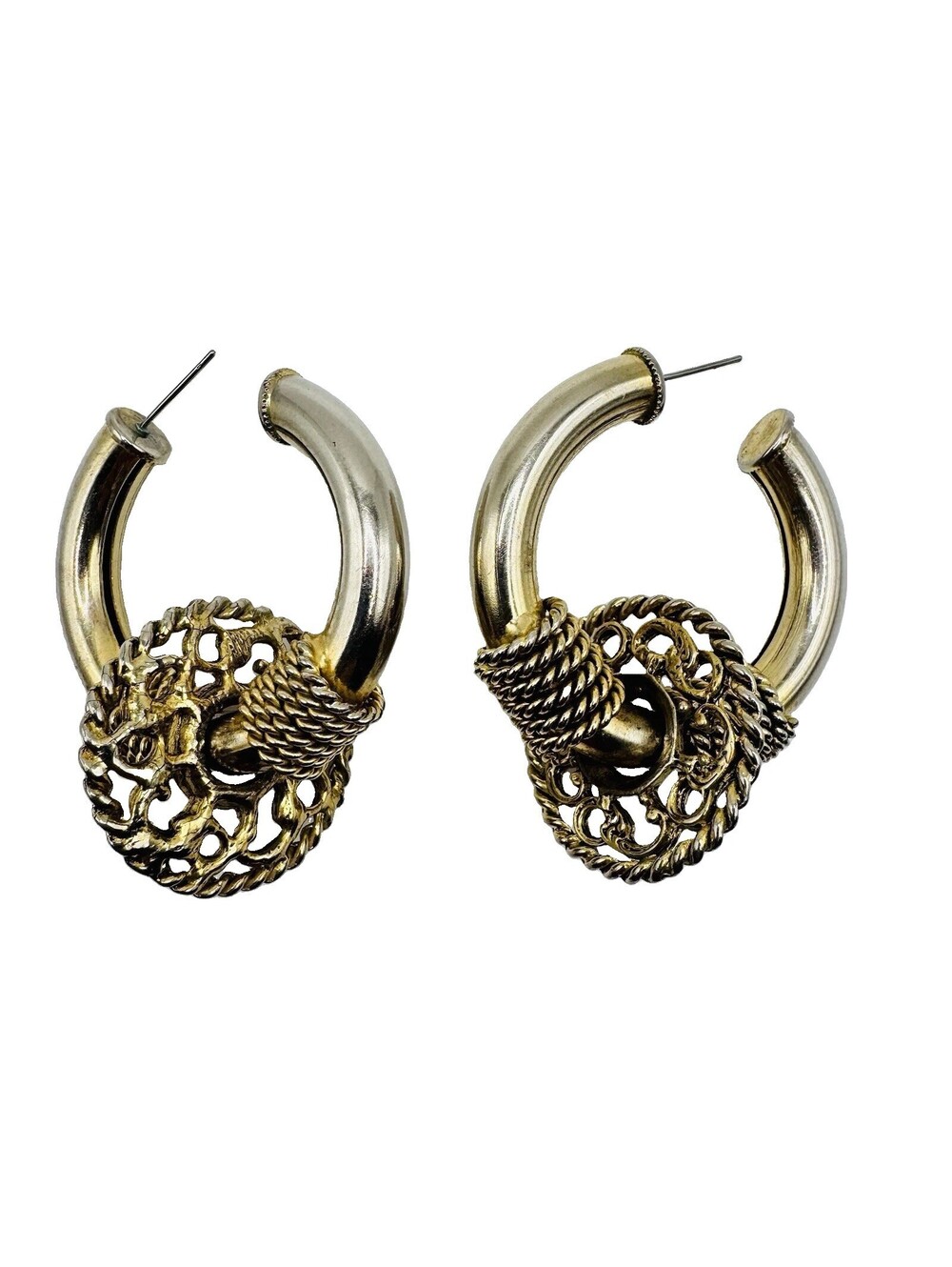 Vintage Chunky Gold Tone Hoop Earrings Door Knocker Statement, Parts Or Repair